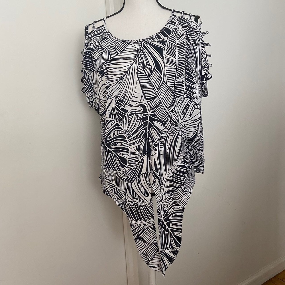 Parallel Skies Palm Tree Leaf Print Tie Front Cold Shoulder Blouse Size Large